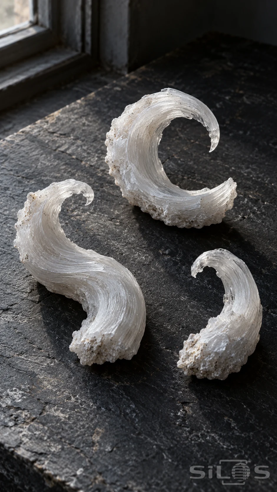 Three translucent white crystals with fine parallel fibres curve into crescent and hook shapes on dark slate.