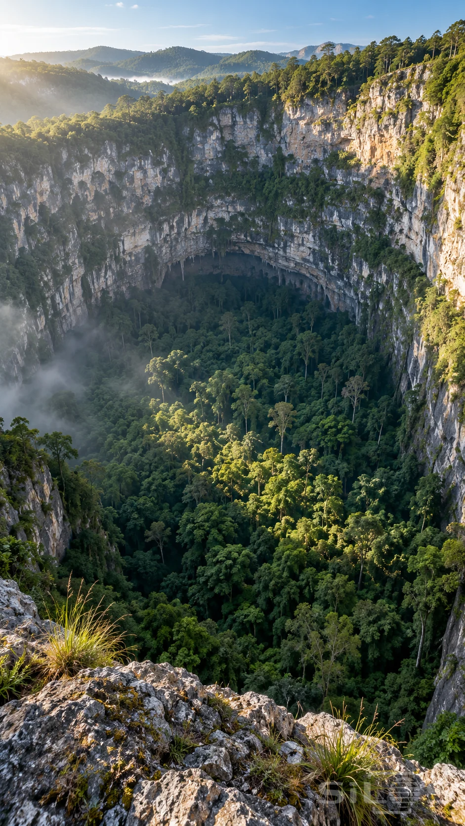 A deep forest sinkhole enclosed by a limestone rim holds a dense green canopy beneath morning light and a thin veil of mist.