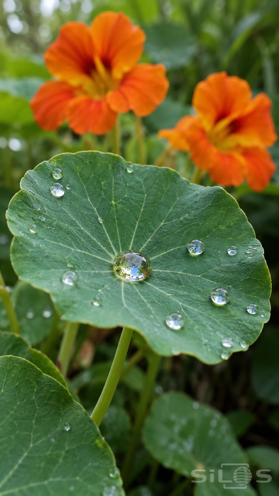 Nasturtium rain beads rest on a cupped green leaf with pale radial veins and blurred orange flowers behind it.