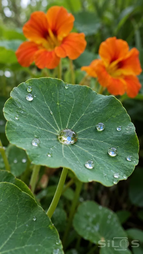 Nasturtium rain beads rest on a cupped green leaf with pale radial veins and blurred orange flowers behind it.