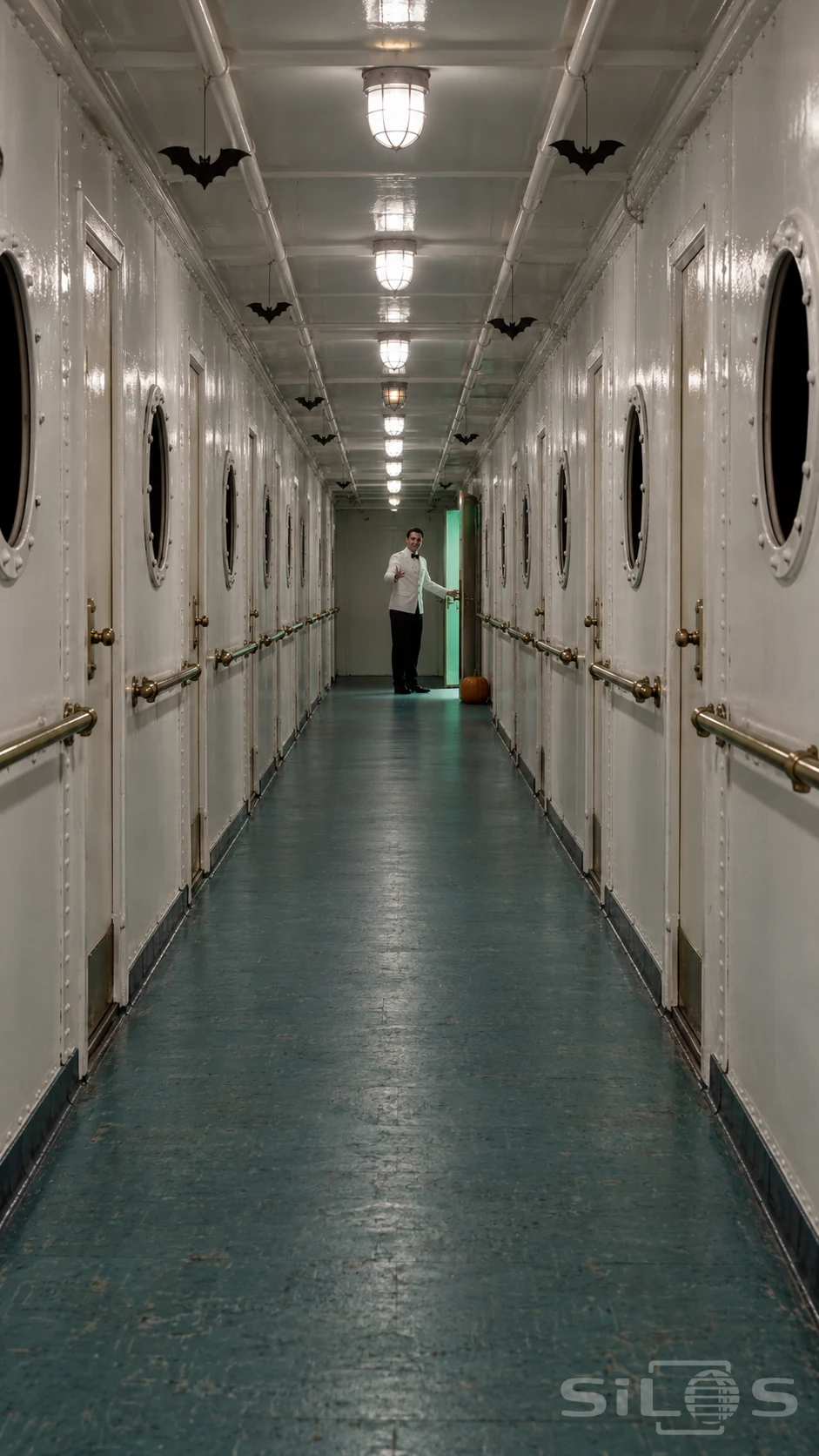 A steward beckons beside a green-lit cabin at the end of a long white ship corridor decorated with paper bats.