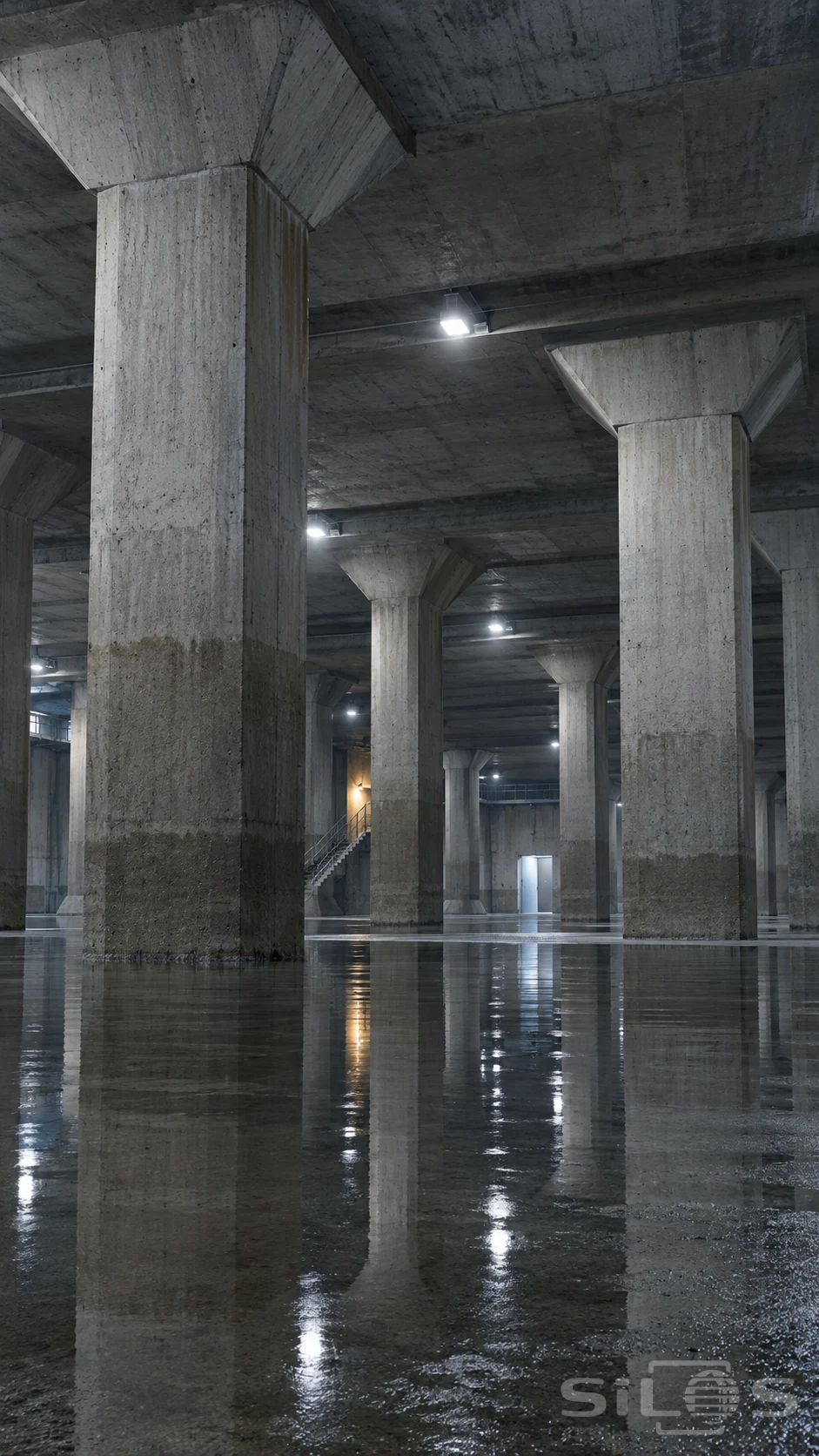 Flood chamber with concrete columns, floor reflections, ceiling lamps and a distant maintenance stair.