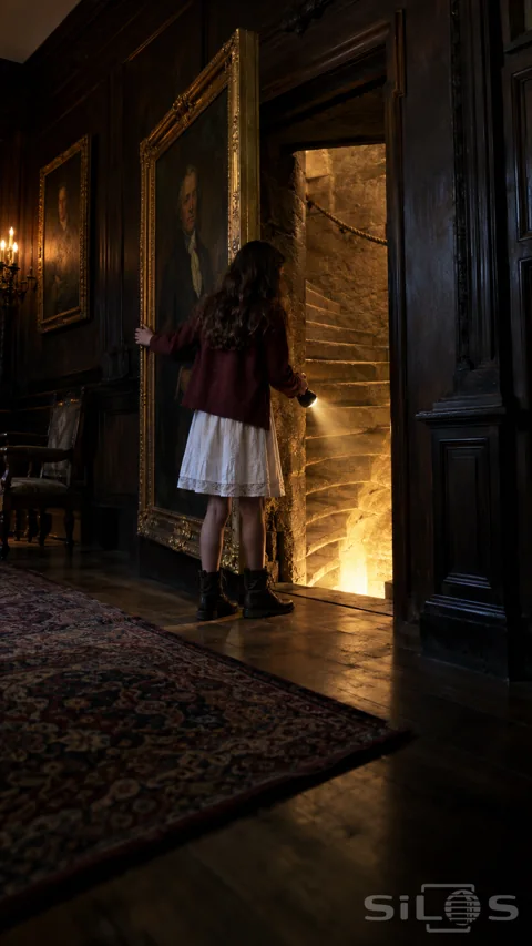 A girl holding a flashlight discovers a stone staircase behind an open gilt-framed portrait.