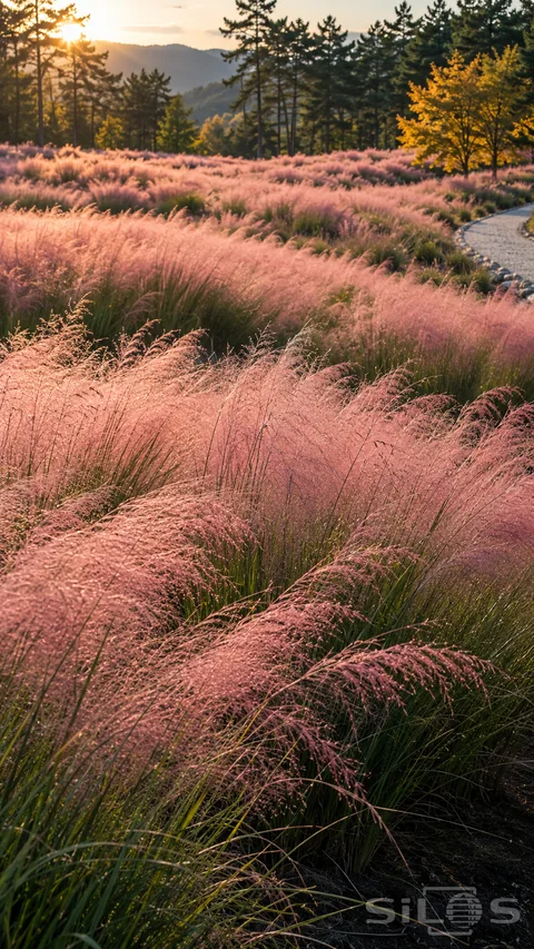 Pink muhly grass forms airy rolling masses beside a pale gravel curve; with dark pines and a golden tree behind.