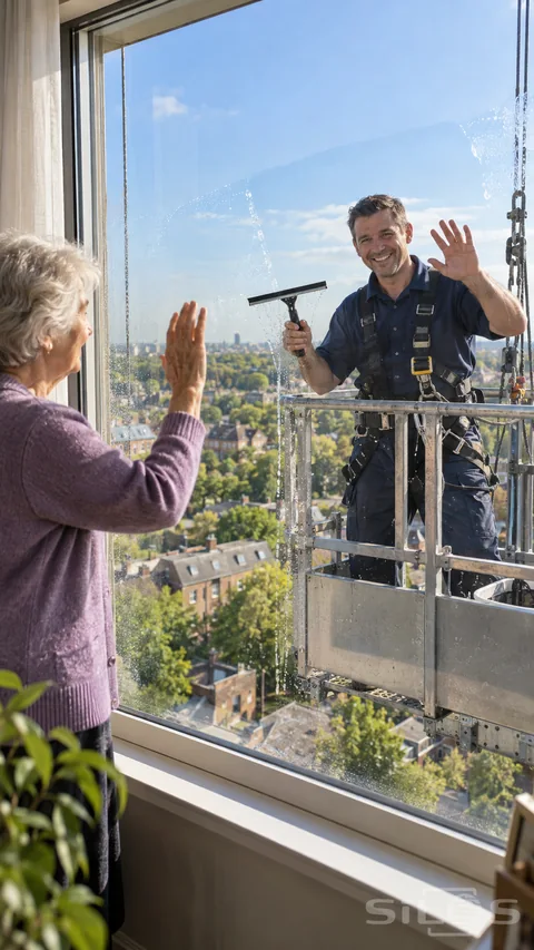 A window cleaner waves through the glass at an older woman inside; holding a squeegee while standing on a guarded platform.