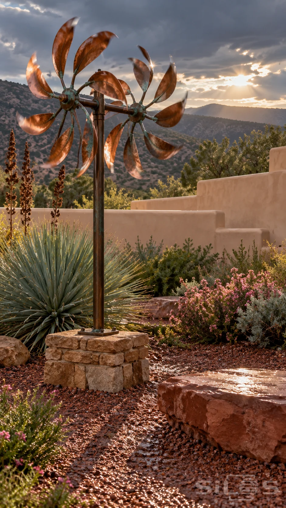 A copper wind spinner with curved leaf blades turns above a stone base beside an adobe wall in a wet gravel garden.