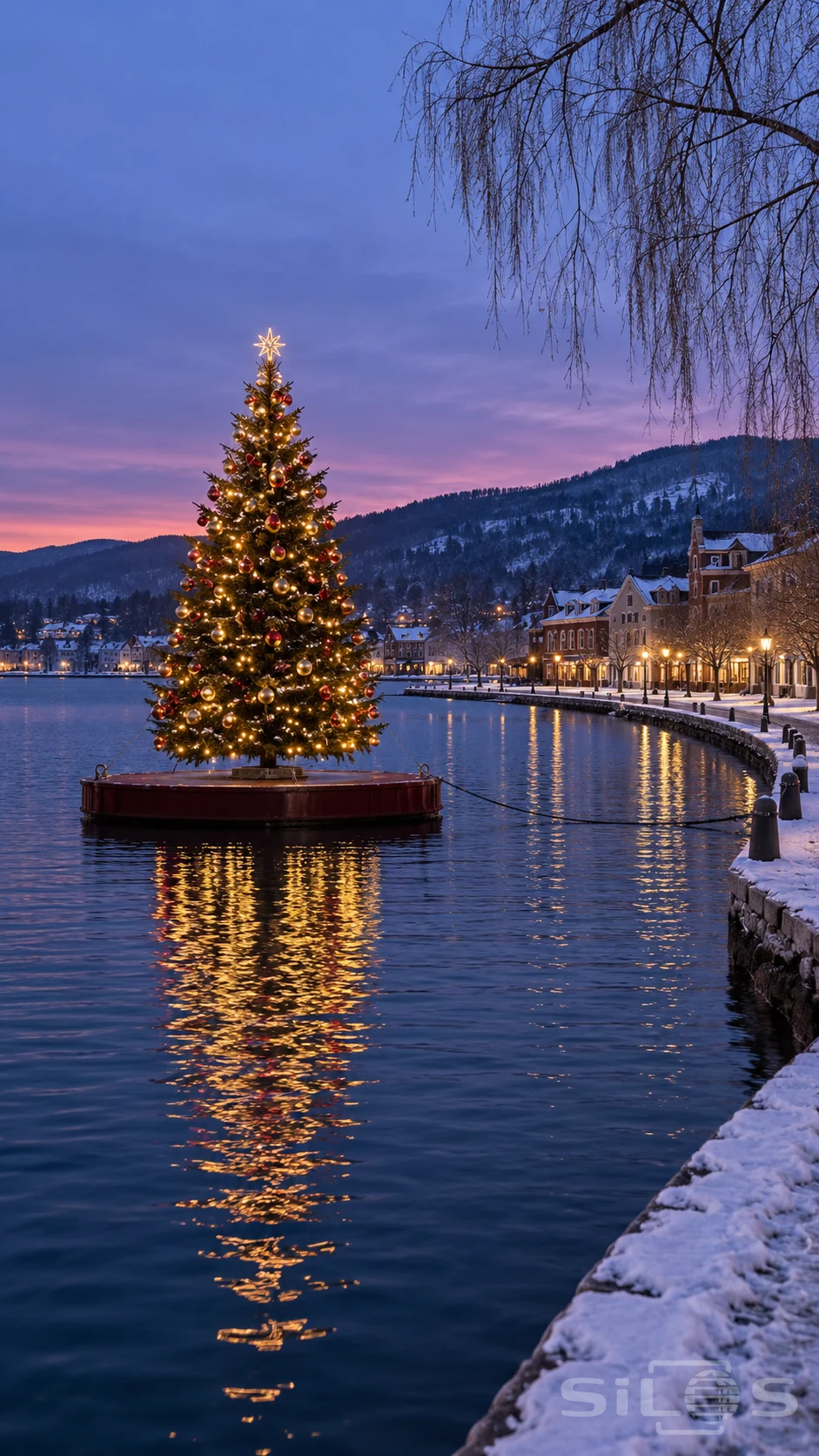 A floating Christmas tree on a moored red pontoon casts golden reflections over a blue town lake beside a snowy promenade.