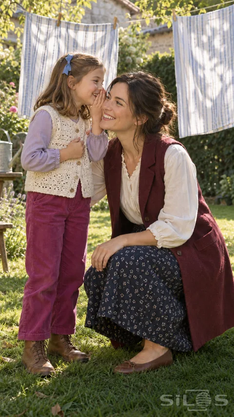 A whispered garden secret between a girl and her kneeling mother; framed by striped linen sheets on a clothesline.