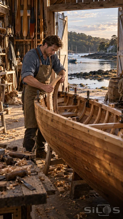 A wooden boat workshop with a man fitting curved timber ribs; wood shavings on the floor and an open boathouse doorway facing a tidal creek.