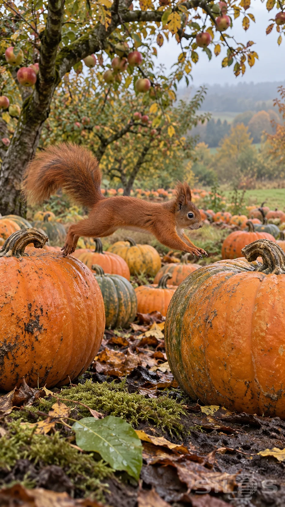A red orchard squirrel leaps between two orange pumpkins beneath apple trees, with moss and a large pumpkin harvest behind.