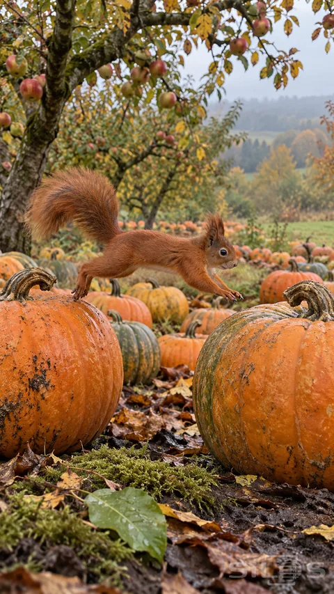 A red orchard squirrel leaps between two orange pumpkins beneath apple trees; with moss and a large pumpkin harvest behind.