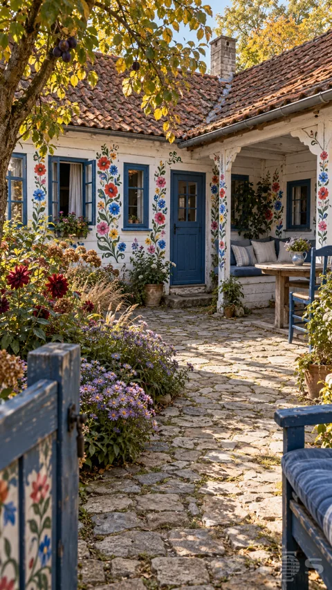 Painted red; blue and pink flowers climb the white walls of an L-shaped cottage around a cobbled courtyard; blue windows and a cushioned porch bench.