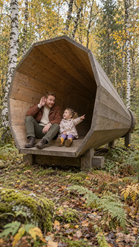 A father cups his ear beside a toddler in a floral raincoat inside a wooden forest megaphone in autumn birch woodland.