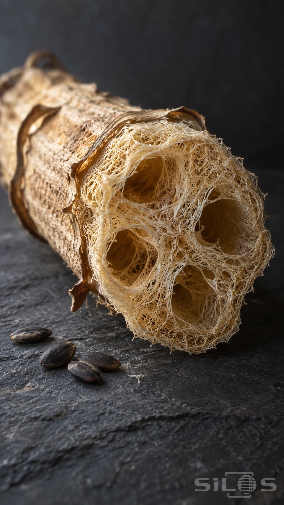 Pale loofah fibers surround four dark seed channels above scattered seeds on charcoal slate.