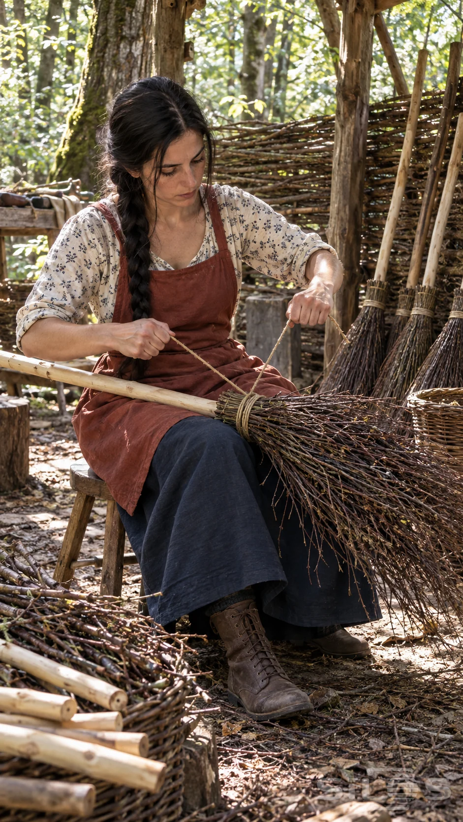 A young adult maker tightens cord around a birch broom across her knees in a shaded woodland shelter.
