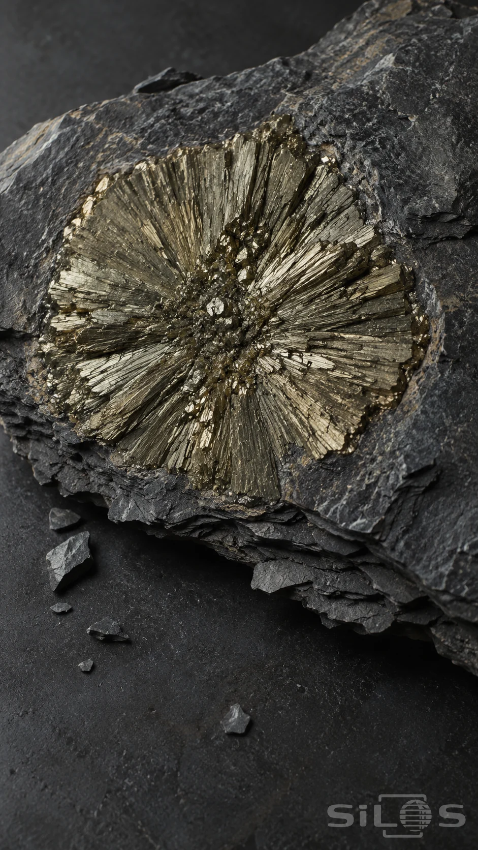 A brass-colored pyrite sun with radial ridges sits in a dark layered shale slab above scattered gray stone chips.
