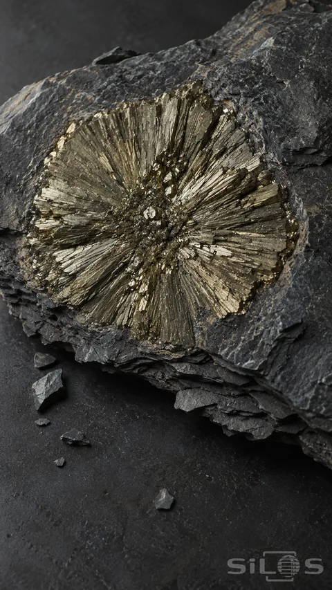 A brass-colored pyrite sun with radial ridges sits in a dark layered shale slab above scattered gray stone chips.