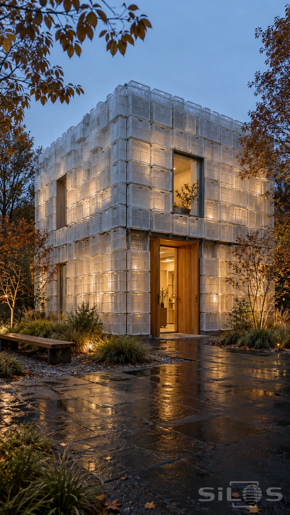 A two-storey building clad in white storage baskets glows beside trees and wet paving at dusk.