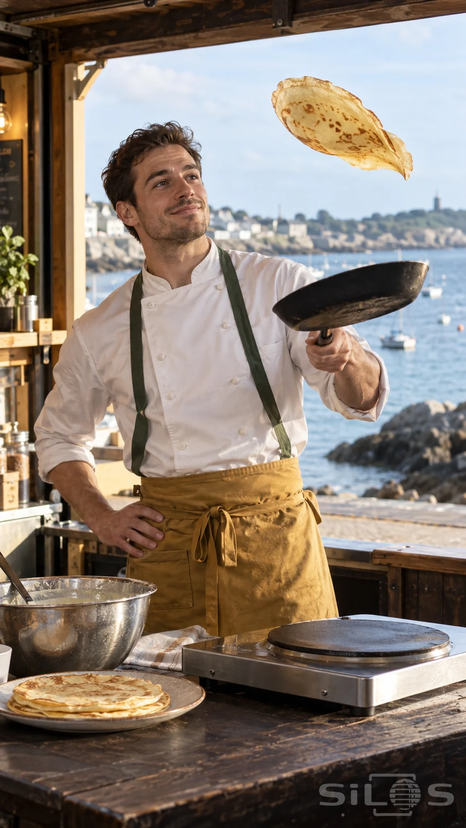 Cook watches a crepe flip above a black pan at an open seaside food stall.