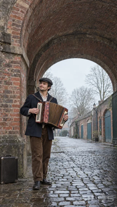 A musician plays a red button accordion beneath a railway arch above damp cobbles and an empty lane.