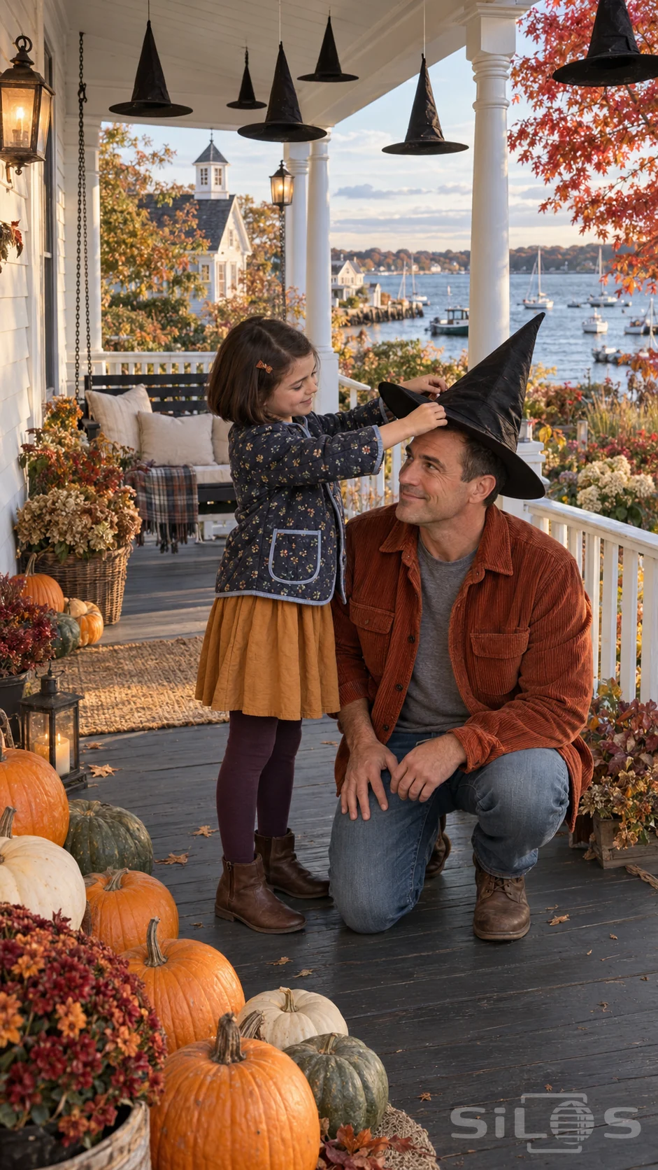 On a seaside porch a girl adjusts a witch hat on her kneeling father, surrounded by autumn pumpkins and hanging Halloween hats above the harbor.