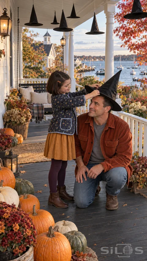 On a seaside porch a girl adjusts a witch hat on her kneeling father, surrounded by autumn pumpkins and hanging Halloween hats above the harbor.