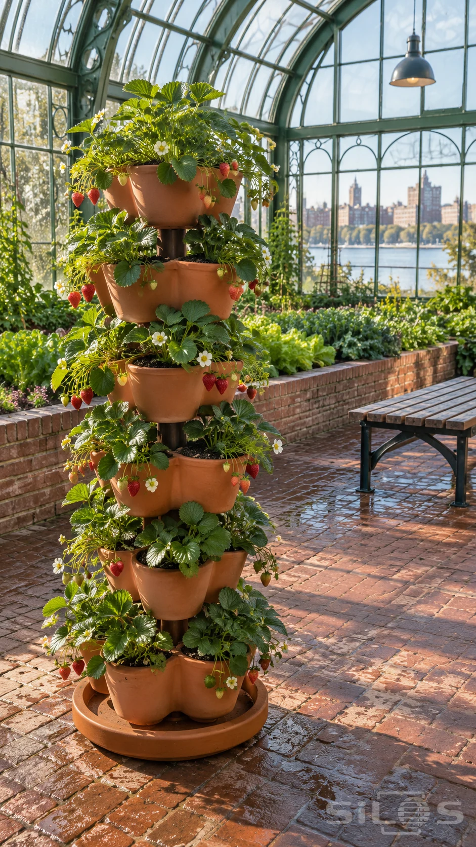 A strawberry tower of terracotta pots holds red berries and white blossoms in a sunlit conservatory with green arches and brick paving.