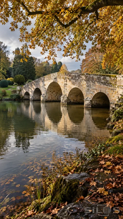 A five-arched stone bridge reflects in a quiet garden lake beneath golden leaves; with mossy rocks and fallen foliage along the bank.