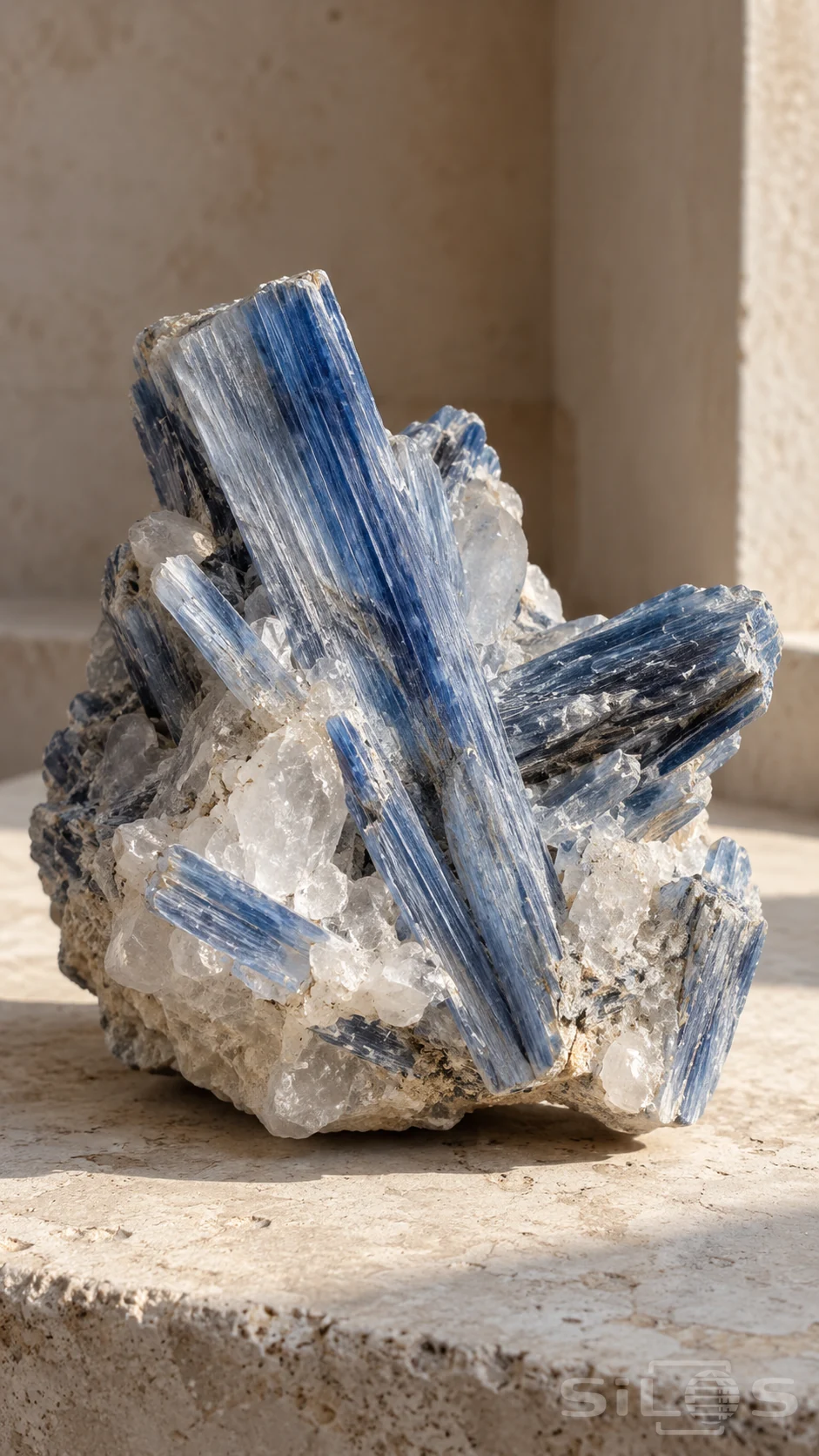 Blue kyanite crystal blades cross a milky quartz base on a pale limestone slab in soft side light.