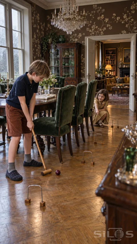 Dining room croquet with a boy aiming a wooden mallet and his sister pointing past green velvet chairs toward freestanding hoops.