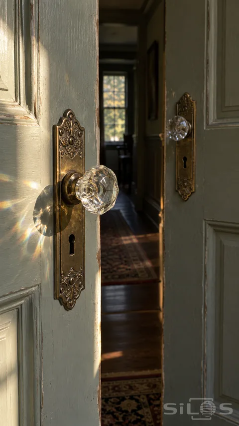 Faceted glass doorknobs and ornate brass plates catch afternoon light on partly open sage-gray painted doors.