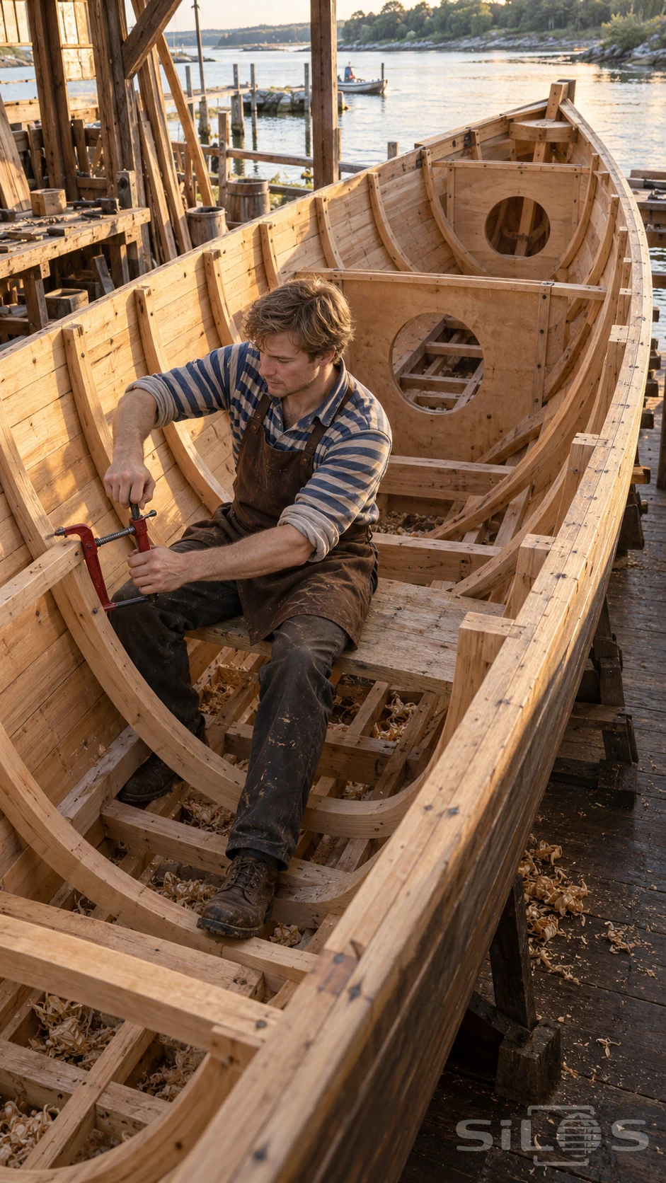 A boatbuilder adjusts a red clamp among wooden boat ribs inside a sunlit unfinished hull.