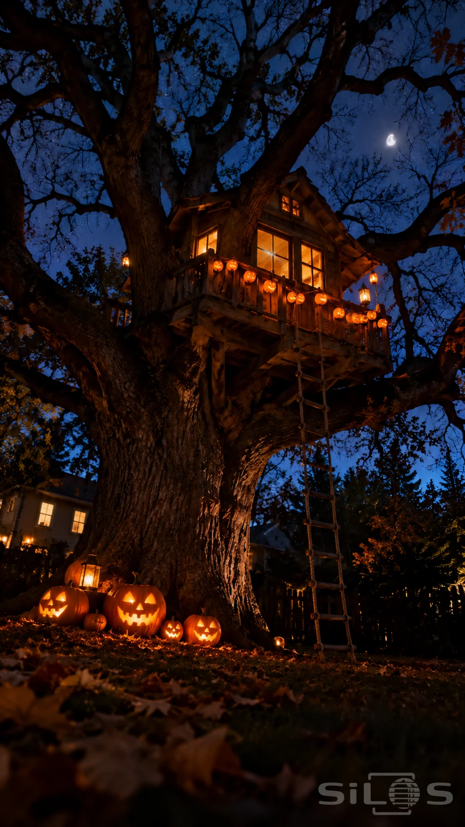 A wooden tree house glows high in an ancient oak with pumpkin lanterns along its railing and a rope ladder descending to fallen leaves.