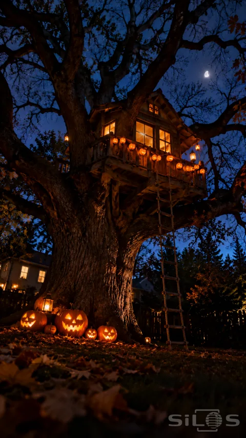 A wooden tree house glows high in an ancient oak with pumpkin lanterns along its railing and a rope ladder descending to fallen leaves.