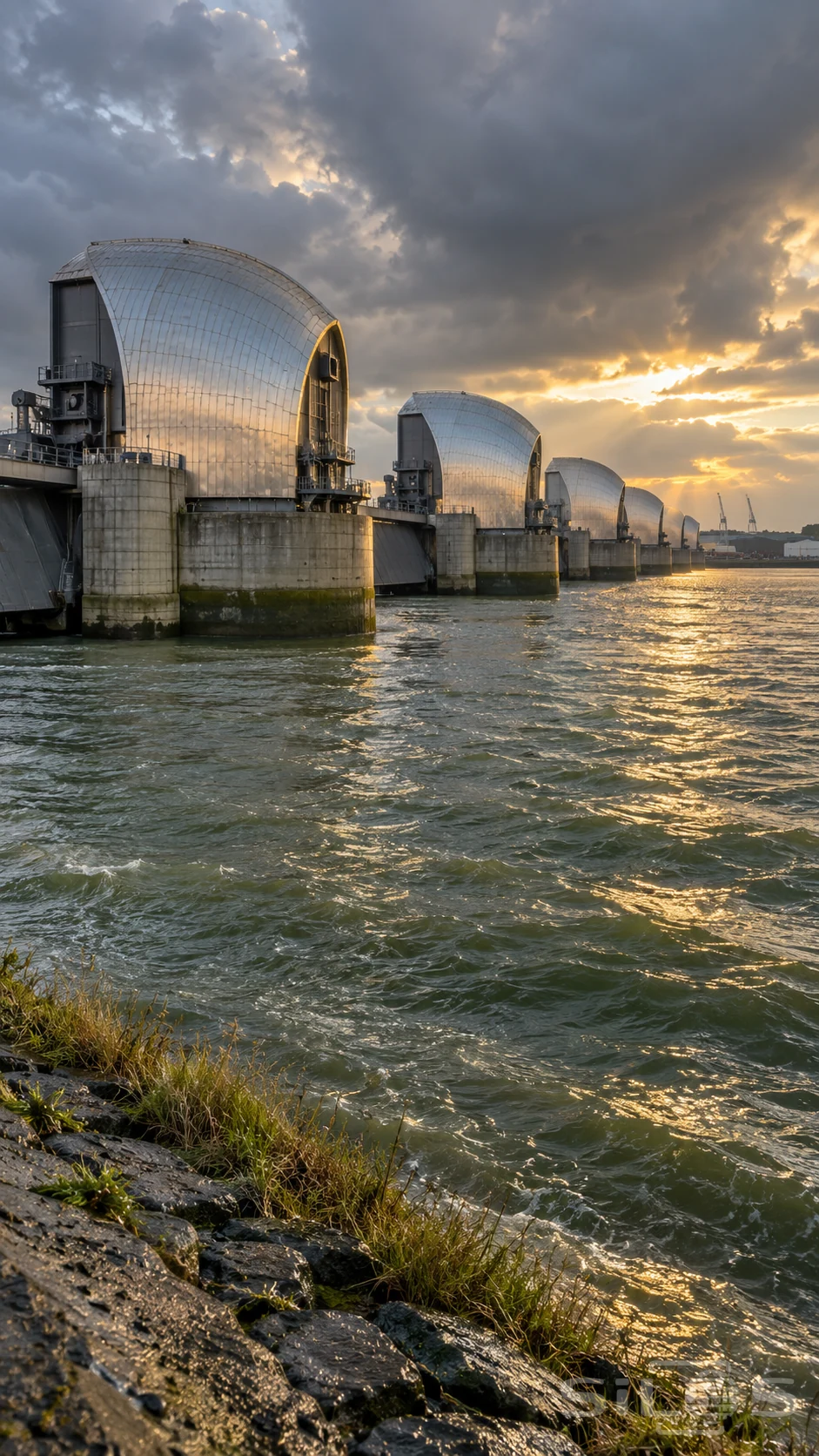 A tidal barrier with silver housings and concrete piers crosses choppy water beneath clearing storm clouds.