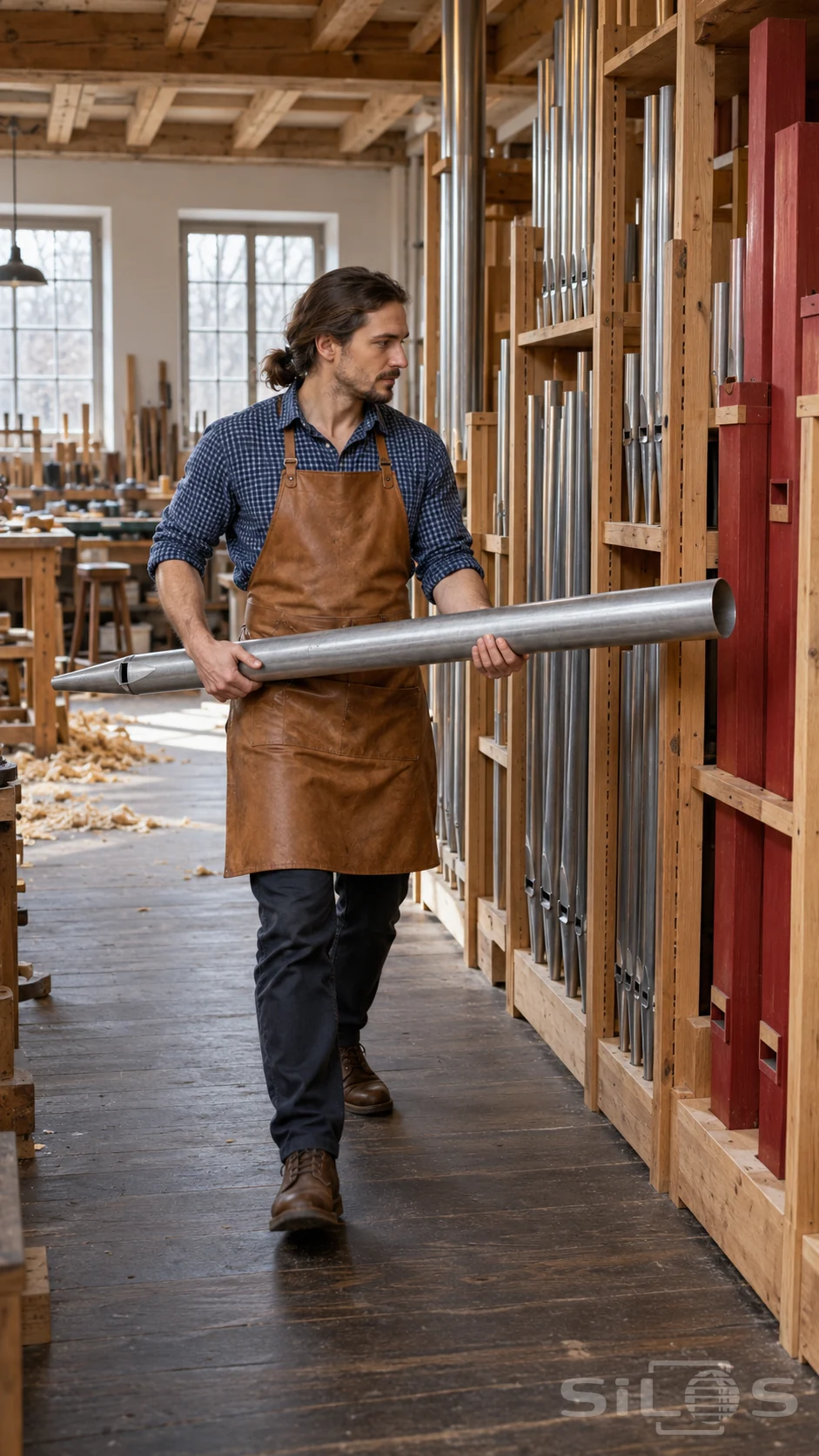 Maker carries a silver tube between wooden storage racks in an organ pipe workshop.
