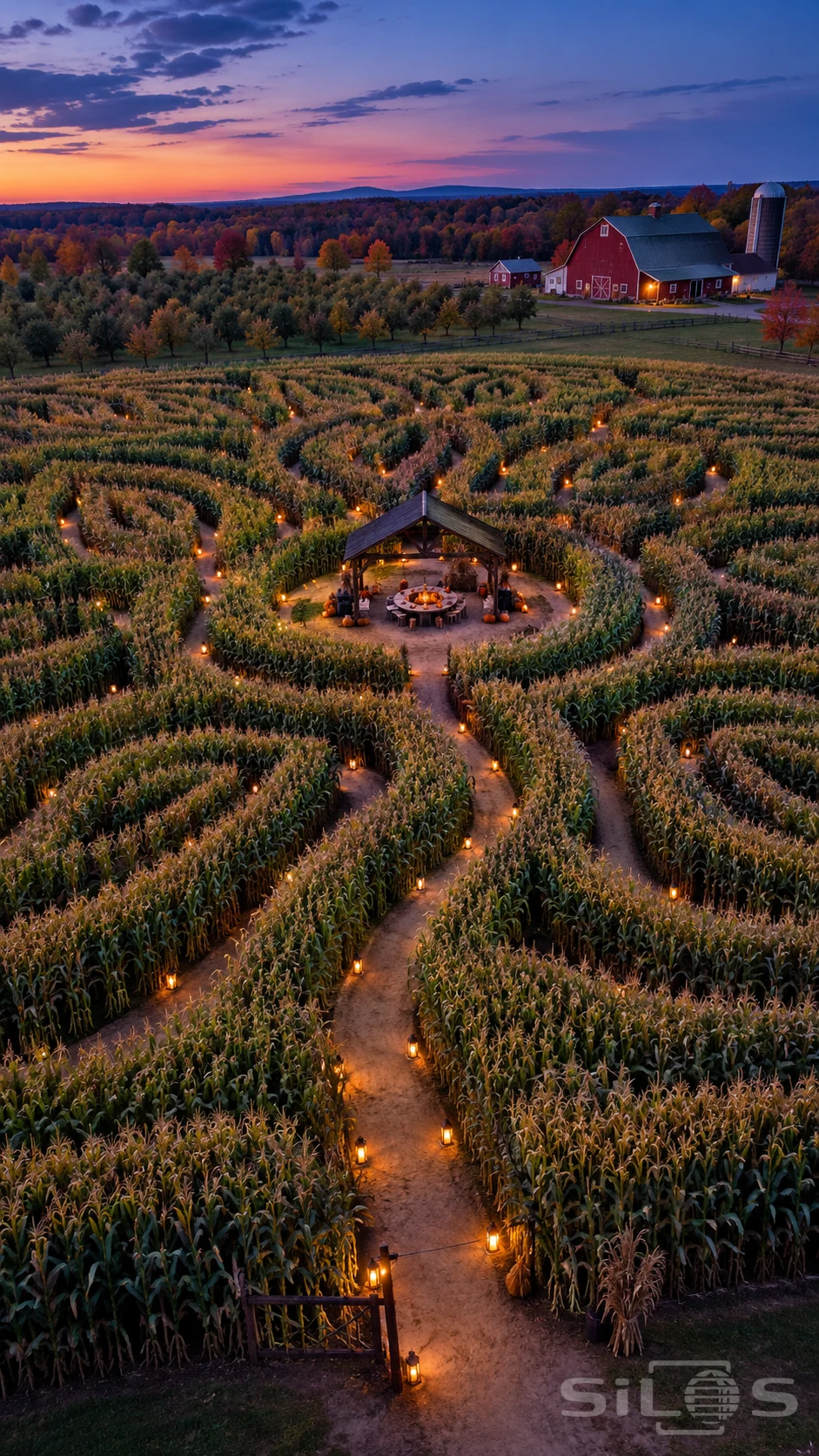 An aerial view of a corn maze with glowing lantern paths, a central timber shelter and a red farm barn beneath a violet sunset.