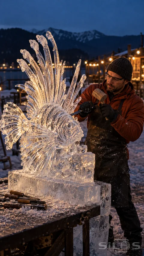 Ice carving with an adult sculptor using a hand chisel beside a transparent lionfish sculpture; its fanned fins and unfinished base visible.