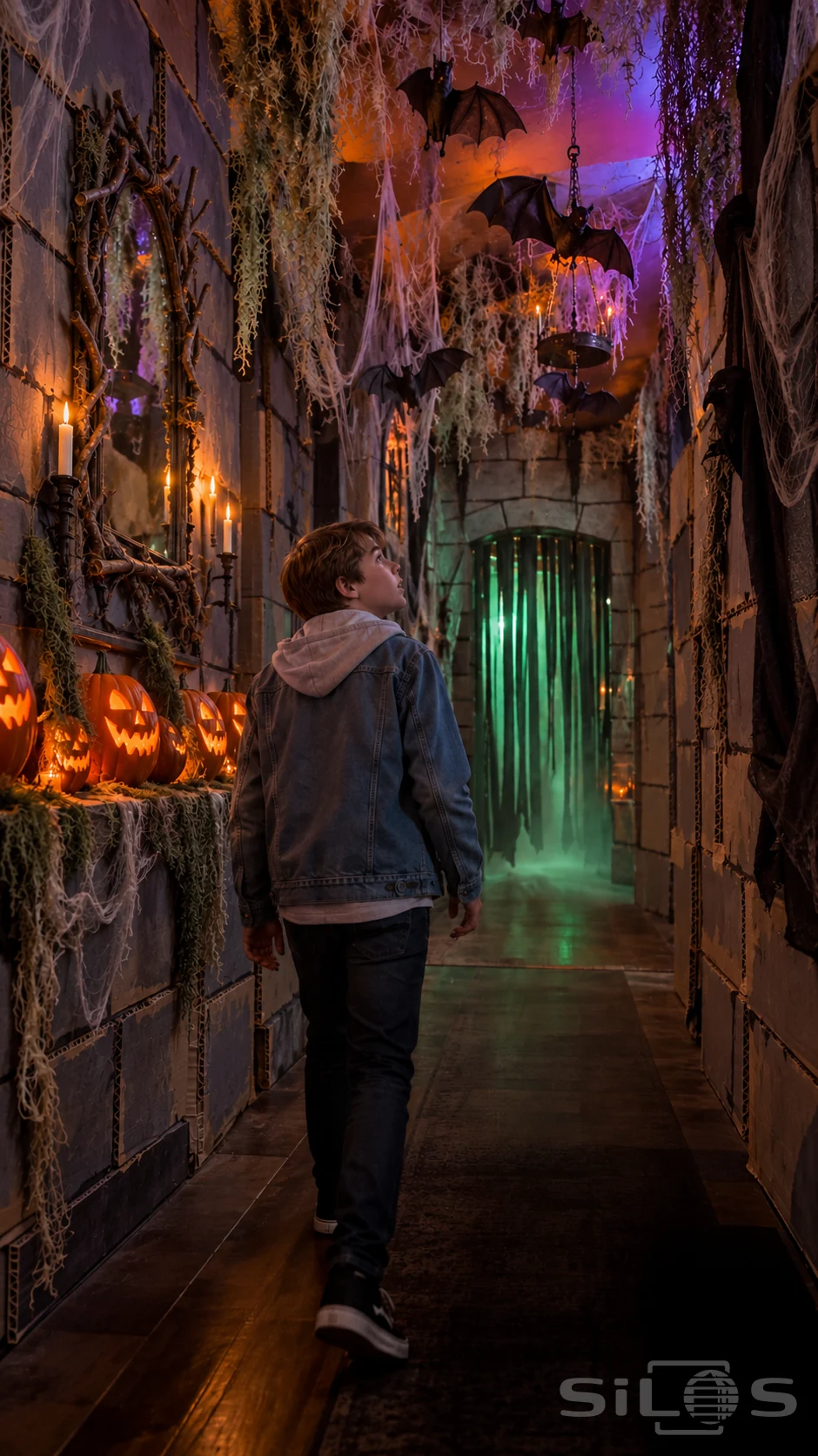 A boy in a denim jacket looks up at hanging bats and moss inside a handmade cardboard castle corridor lit by pumpkins.