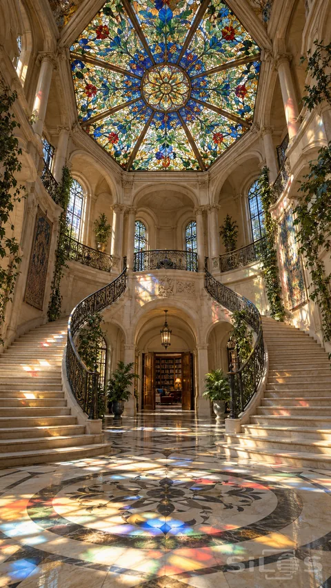 A stained glass staircase with twin curved stone flights beneath a blue and gold floral glass ceiling; casting colored patches on the floor.