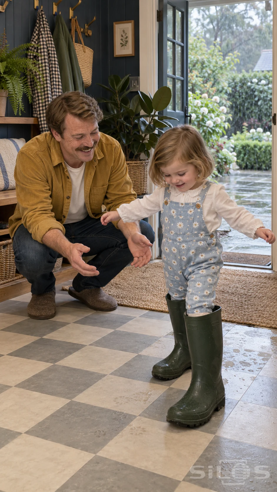 A toddler in daisy overalls tries enormous rain boots while her father crouches laughing beside the checkerboard floor.