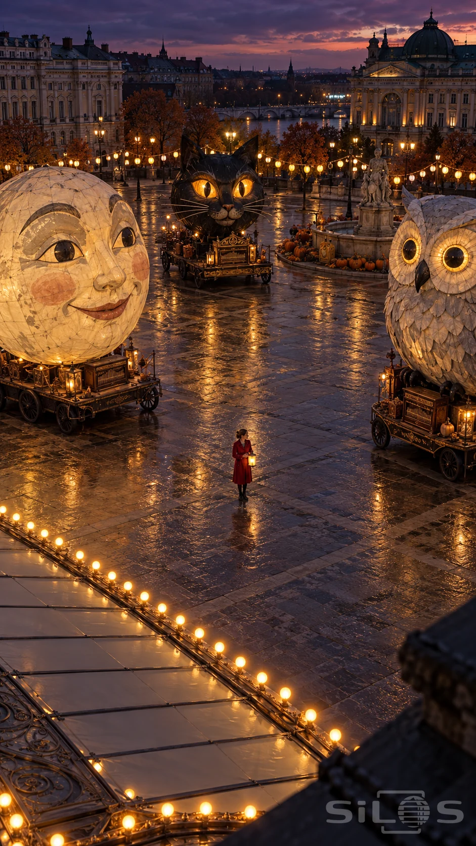 High view of a tiny woman with a lantern among enormous illuminated moon, cat and owl floats in an empty city plaza.