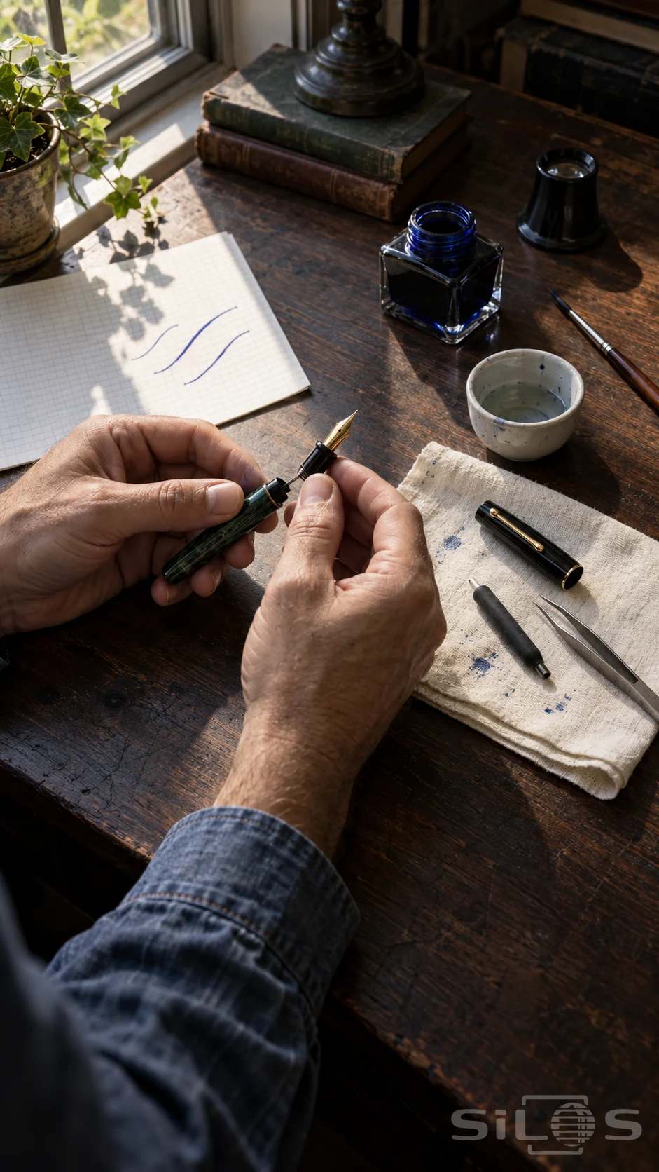Two adult hands align a gold nib and dark fountain pen barrel above a walnut desk scattered with small repair tools.
