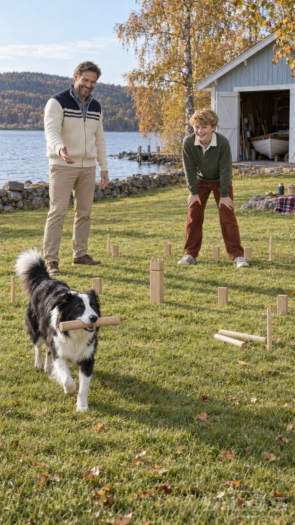 A border collie carries a kubb baton across the grass while a father and son laugh beside wooden game pieces and a lakeside boathouse.