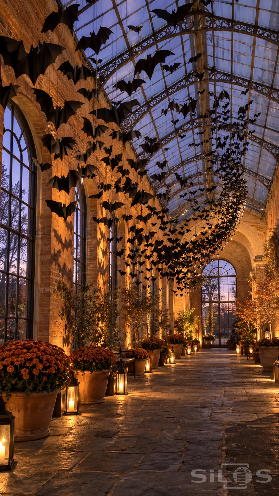 A suspended ribbon of black paper bats sweeps beneath the glass roof of a brick orangery lined with lanterns and chrysanthemums.