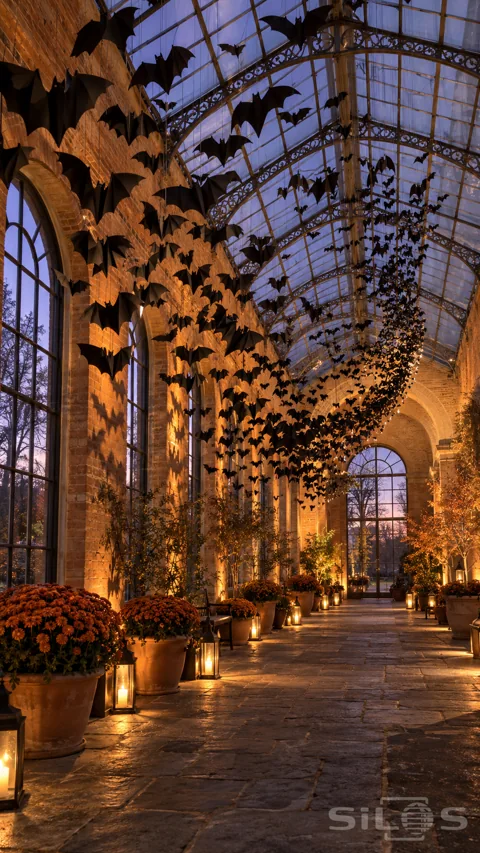 A suspended ribbon of black paper bats sweeps beneath the glass roof of a brick orangery lined with lanterns and chrysanthemums.
