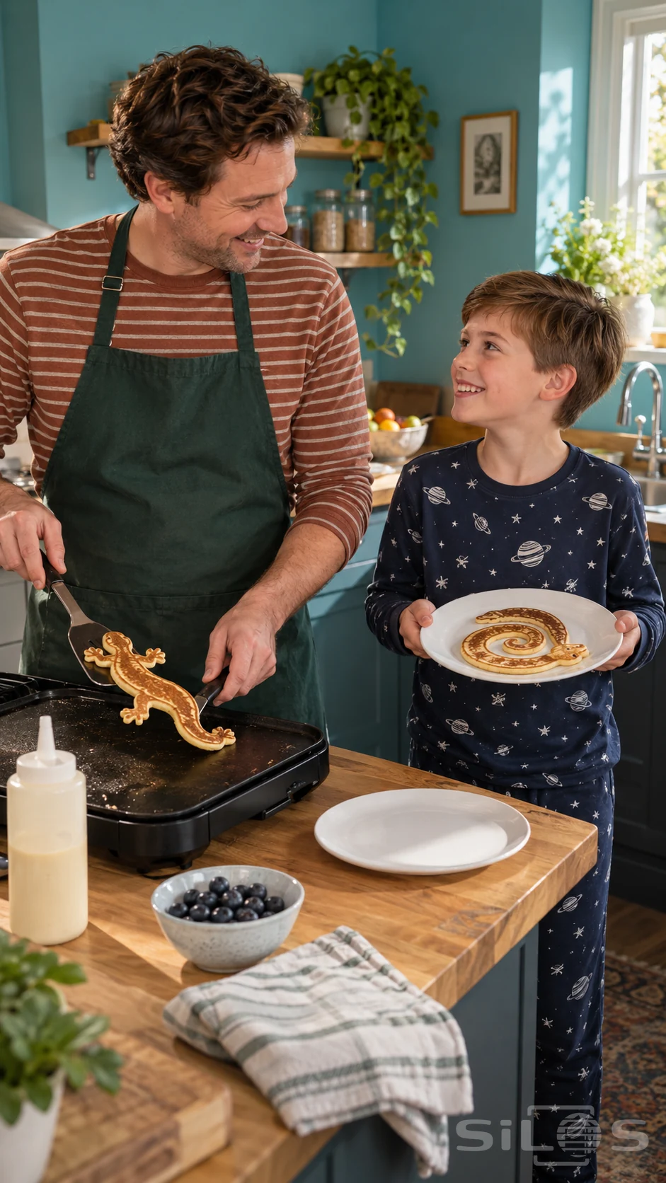 A father lifts a lizard-shaped pancake beside his son, who holds a plate of snake-shaped pancake art in a turquoise kitchen.