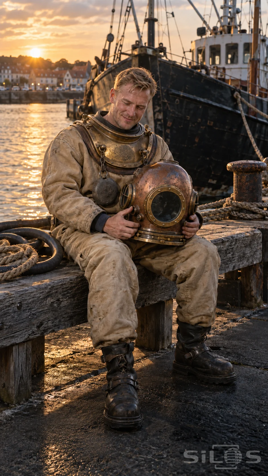 A man in a tan canvas diving suit sits on a quay bench holding a large copper diving helmet on his lap.