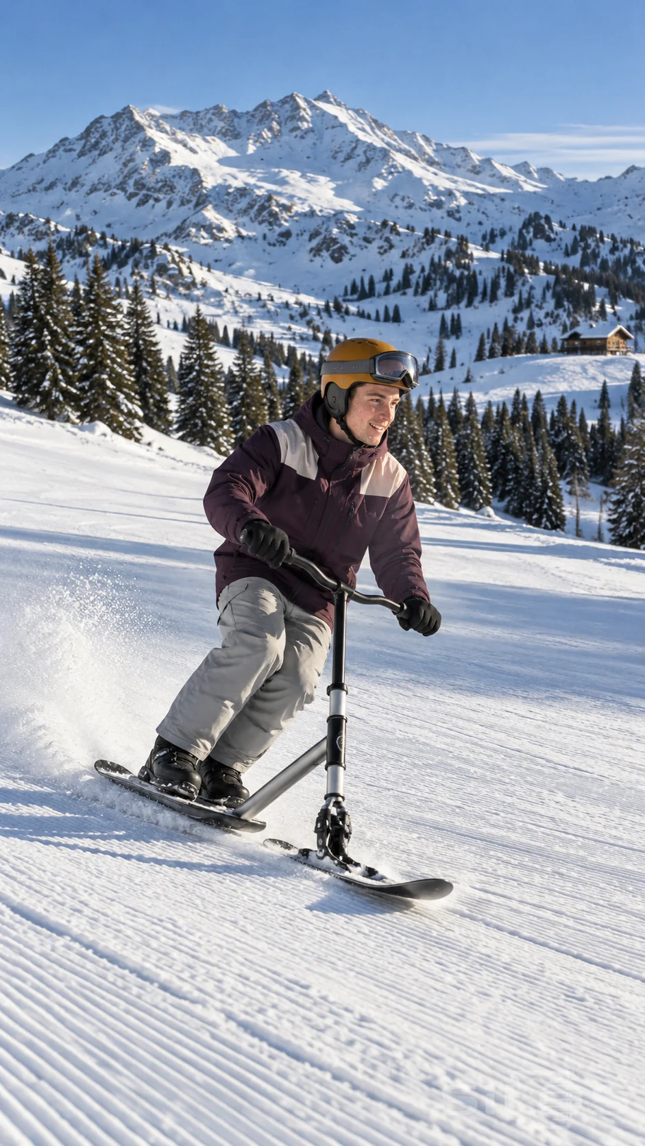 A snow scooter rider in a plum jacket makes a gentle turn on a groomed alpine slope beneath white mountain ridges.