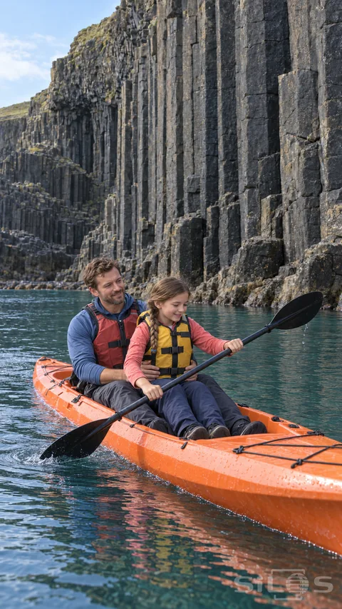 A daughter goes paddling beneath basalt columns while sitting on her father's lap; his hands supporting her waist as both wear fitted life jackets.